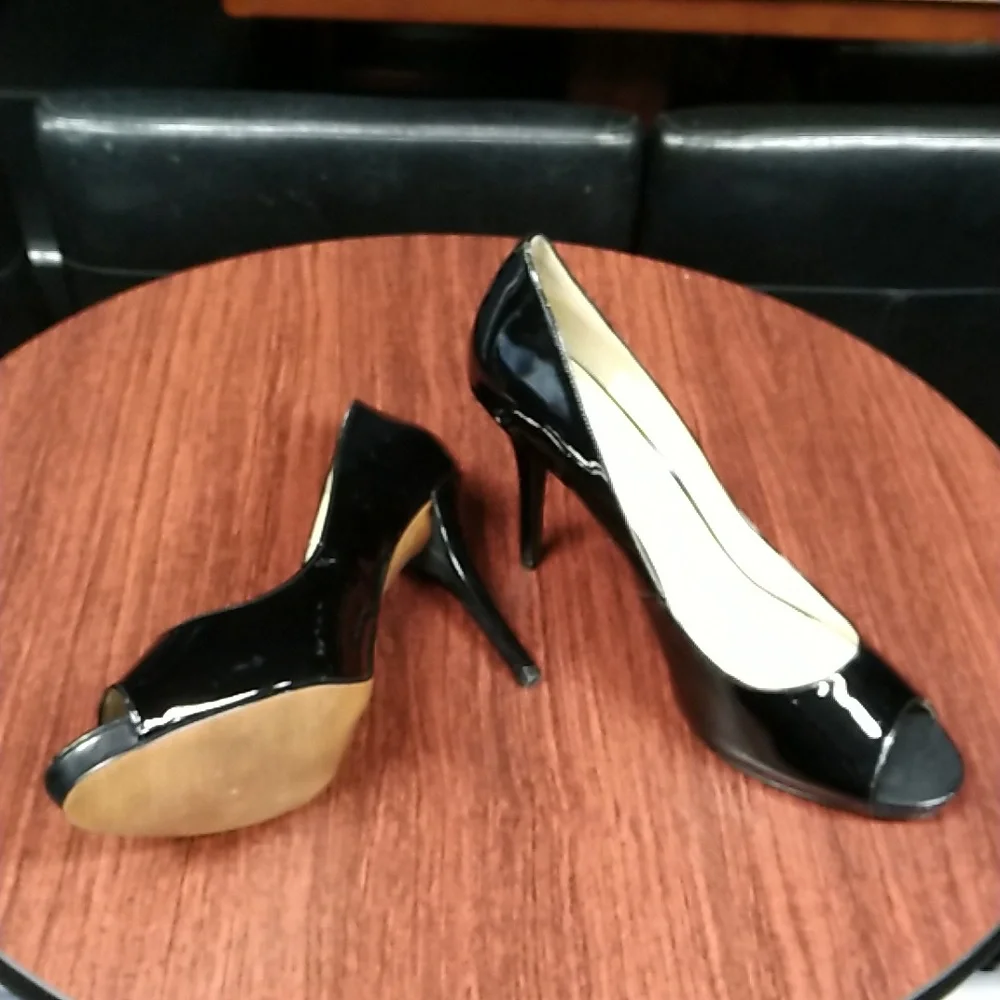 Enzo Angiolini Morgan Black Patent Open Toe Hidden Platform Heels - Size 12M NEW