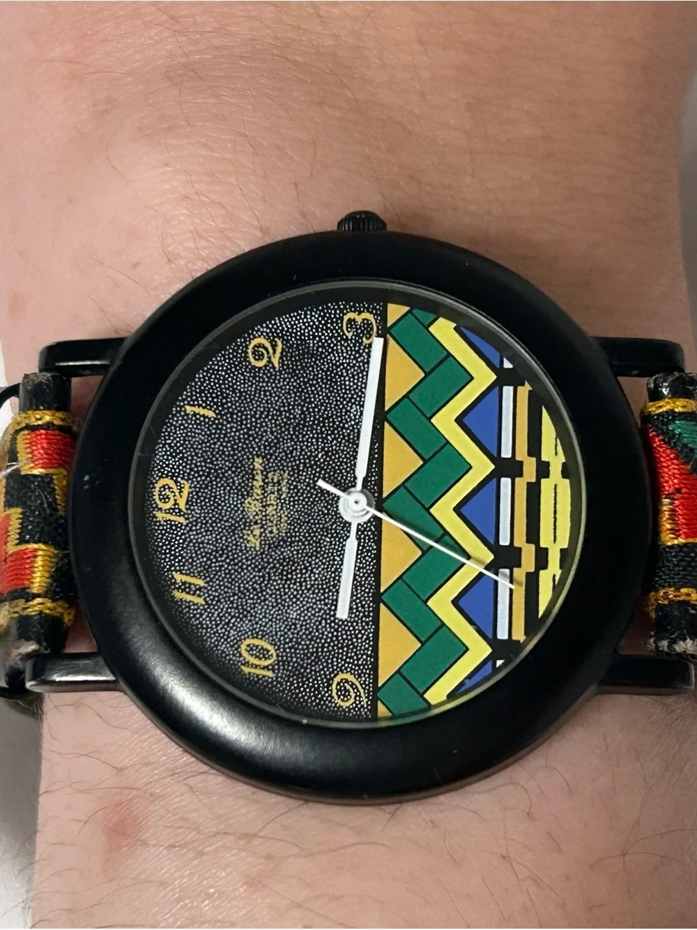 Black Dial Men’s Watch with Geometric Patterned Strap
