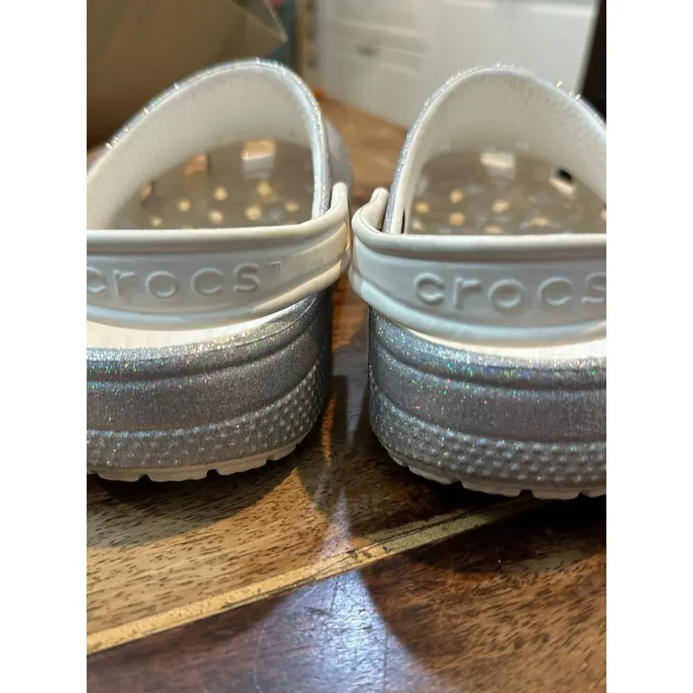 Crocs Unisex Classic Glitter II Metallic Silver Clog Sandal Shoes Size J3
