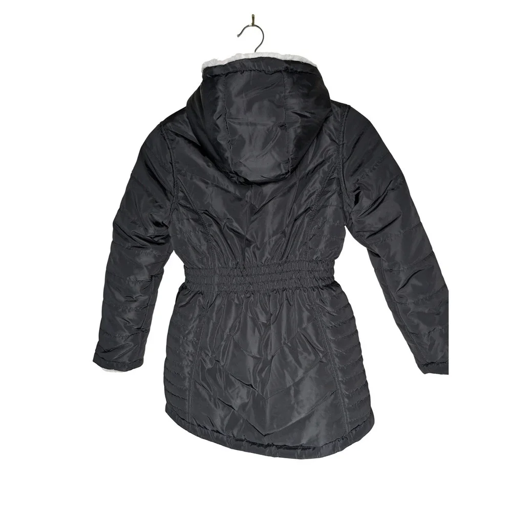 DKNY Girls Reversible Faux Fur Puffer Jacket Black White‎ Gold Size M 10 12 Coat