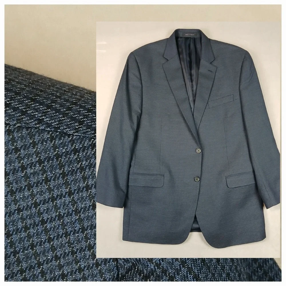 Chaps 44L Mens Sport Coat Jacket‎ Houndstooth Blue Rayon Polyester