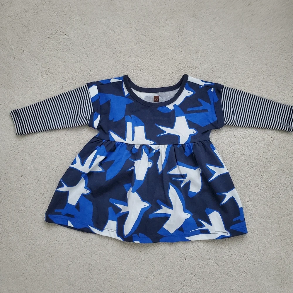 Tea Collection Baby Girls Blue Long Sleeve Flying Bird Dress sz3-6m