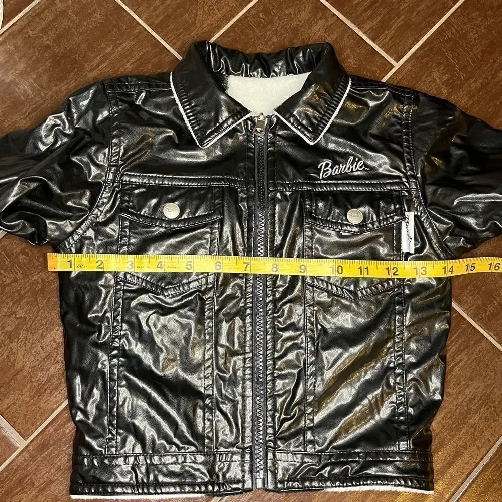 Barbie faux black leather/cow print biker reversible jacket sz5