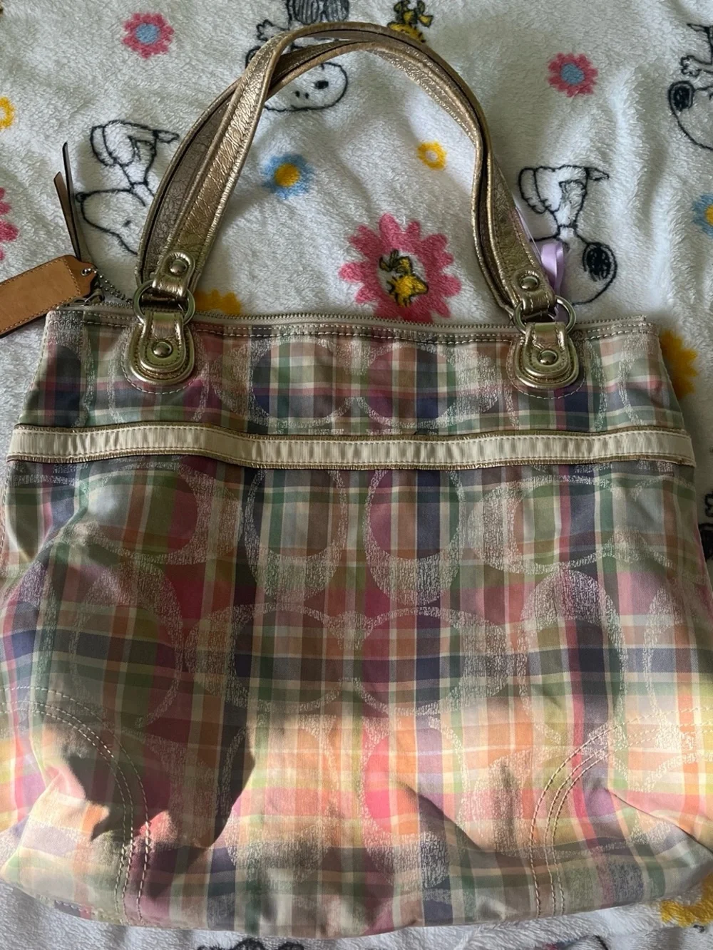 Coach Pastel Plaid Shoulder Tote Bag - Gold Trim