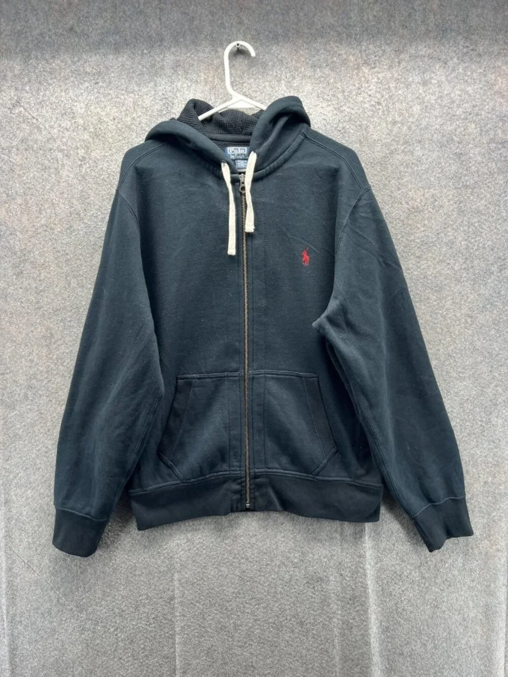 Polo Ralph Lauren Hoodie Mens Large Black Zip Fleece Red Pony Logo Sweatshirt