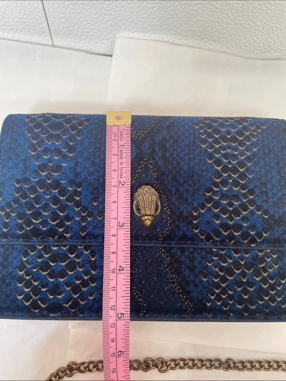 Kurt Geiger Navy Blue Python-Effect Chain Clutch Crossbody Bag Gold Shoreditch