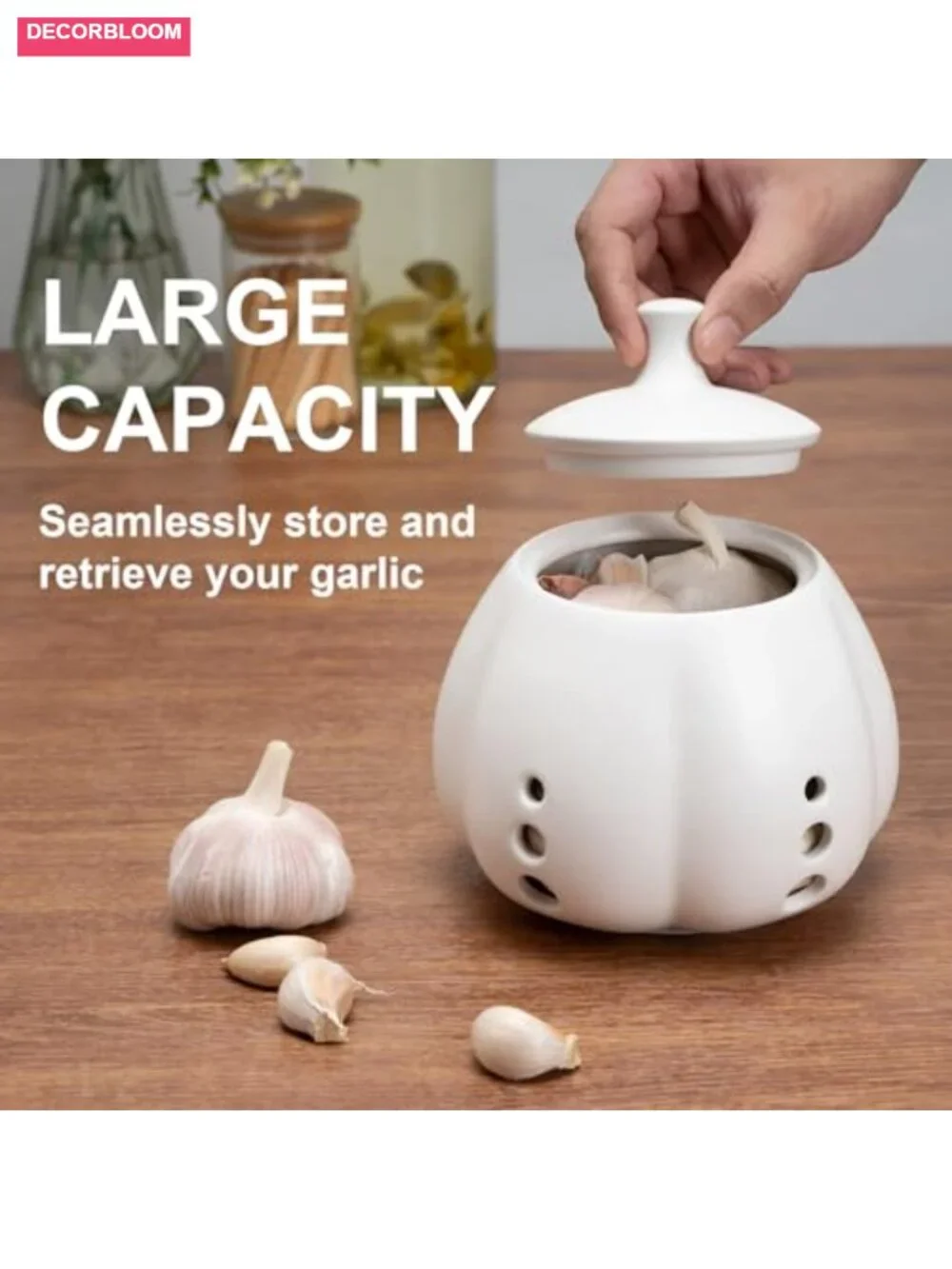Ceramic Garlic Keeper with Lid, Kitchen Storage Pod for Freshness