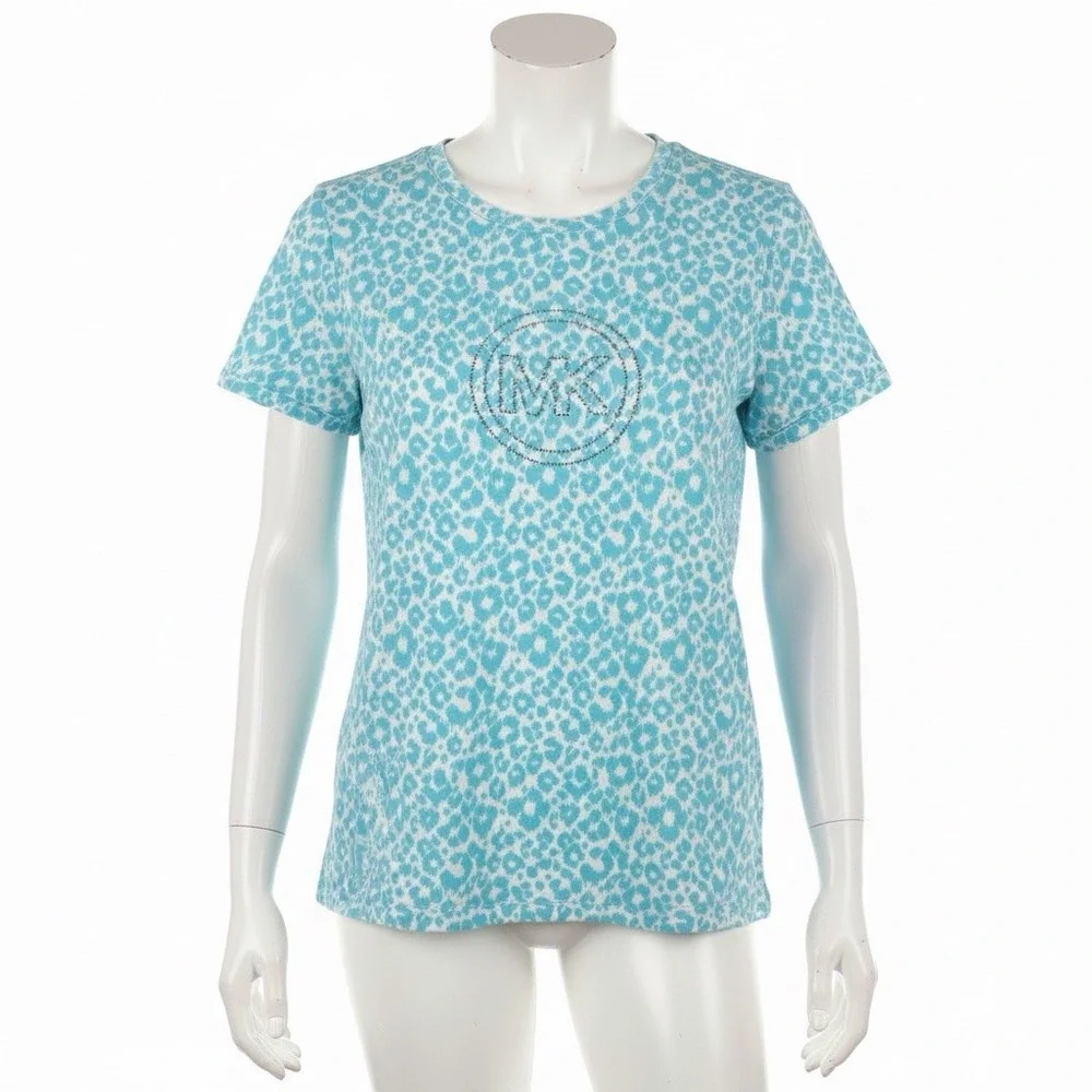 Michael Kors Top XL Blue Cheetah Rhinestone Shirt Summer Spring‎ Vacation Cruise