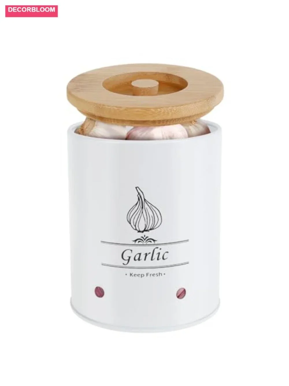 Large Ceramic Garlic Keeper with Wood Lid, Ventilated Garlic Storage Box, 2.3L