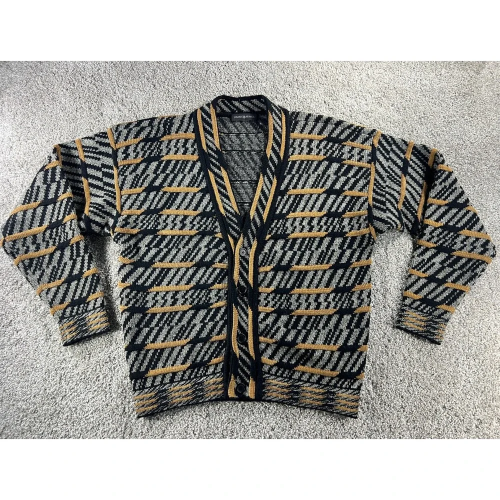 Vintage Jhane Barnes Mens Geometric Pattern Wool Blend Cardigan Sweater Medium