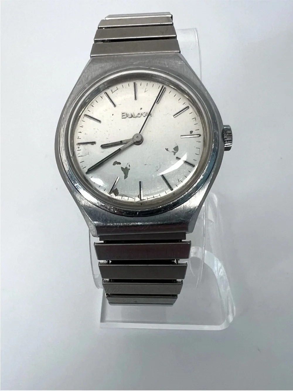 Vintage Bulova Mechanical Silver Stainless Steel Men's Watch - Silver Dial