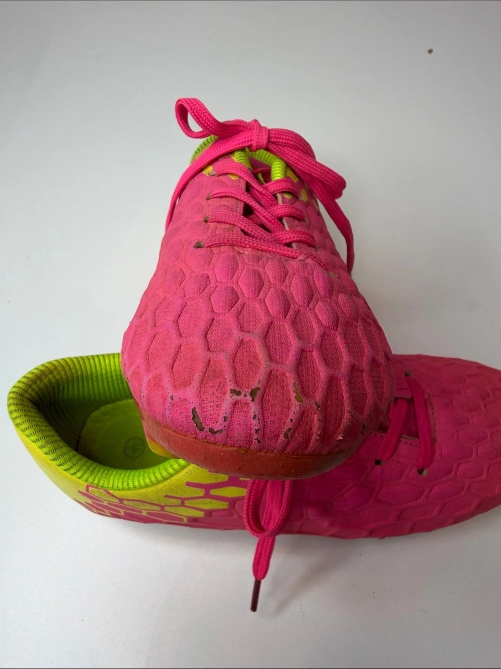 Bright Pink Athletic Cleats Shoes with Neon Yellow Back & Interior Kids size 2