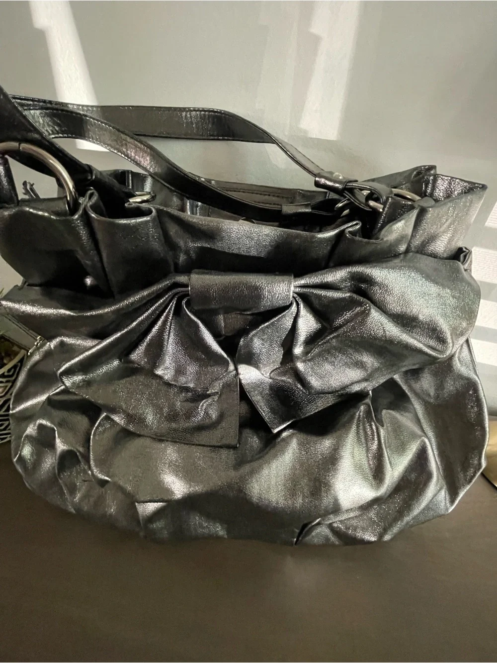 Elle Metallic Black Bow Shoulder Bag