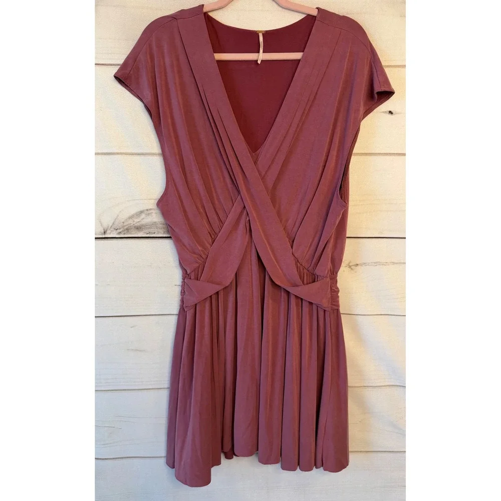 Free People Mauve Plum Crisscross Drape V-Neck Modal Jersey Mini Dress Large