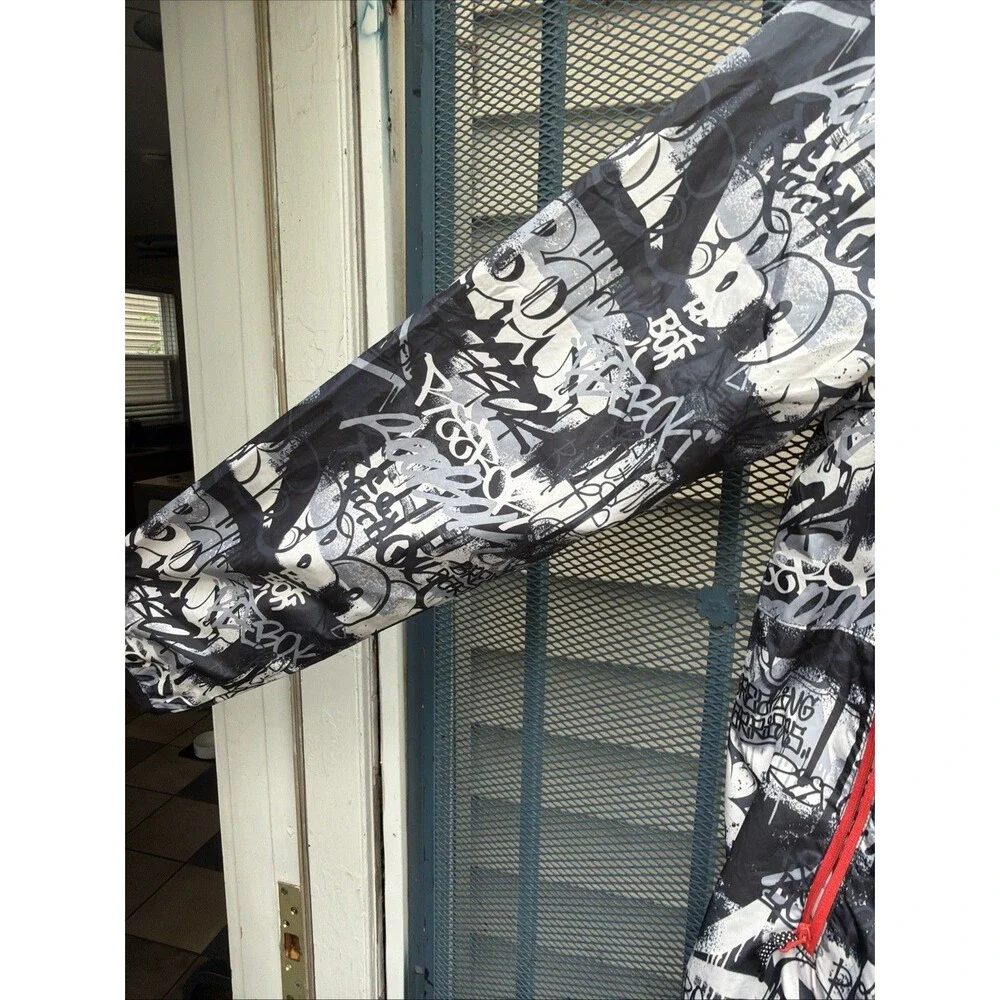 Reebok Kids Jacket Child Size XL 14/16 Black Graffiti Hood Windbreaker Zipper