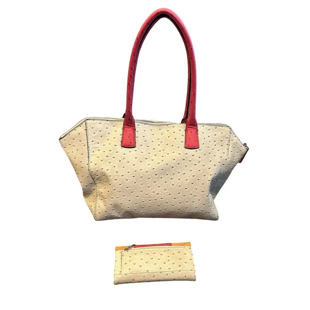 Guess Handbag, Shoulder Bag Faux Leather Ostrich Bone/Pink Orange With Wallet
