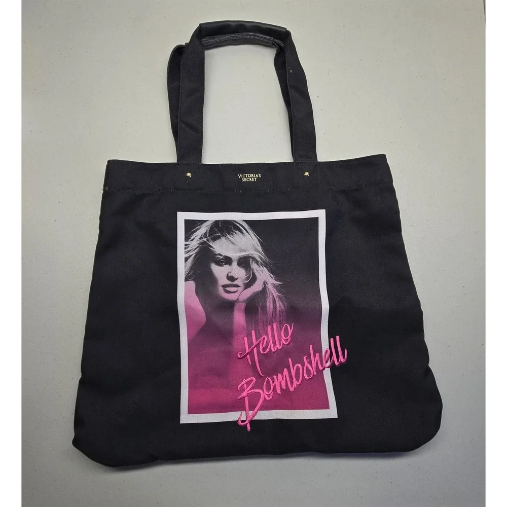 Victoria's Secret Women Bag Large Black Tote Hello Bombshell Embroidered‎ Pocket