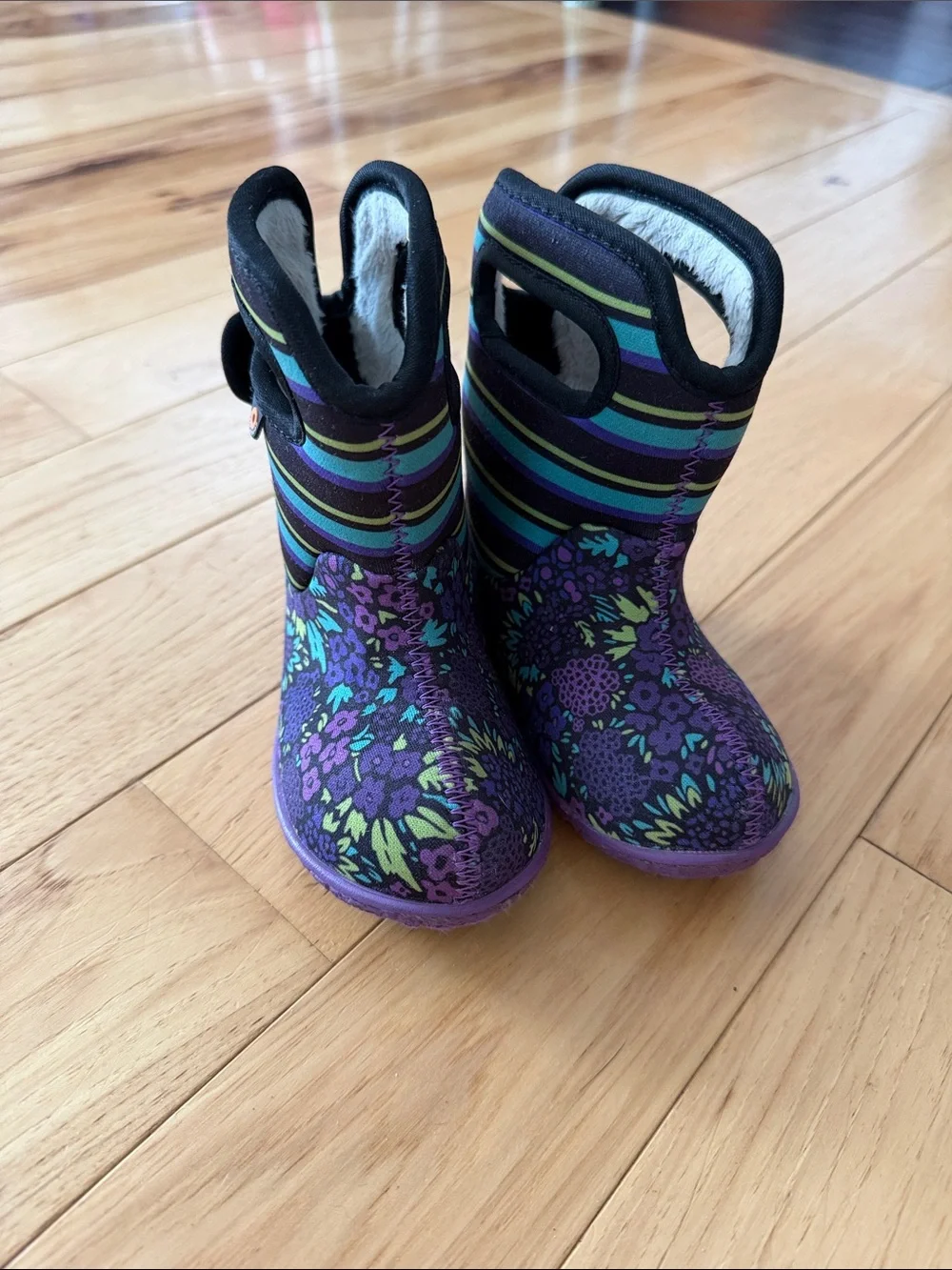 Bogs Toddler Waterproof Purple Floral & Stripe Winter Boots