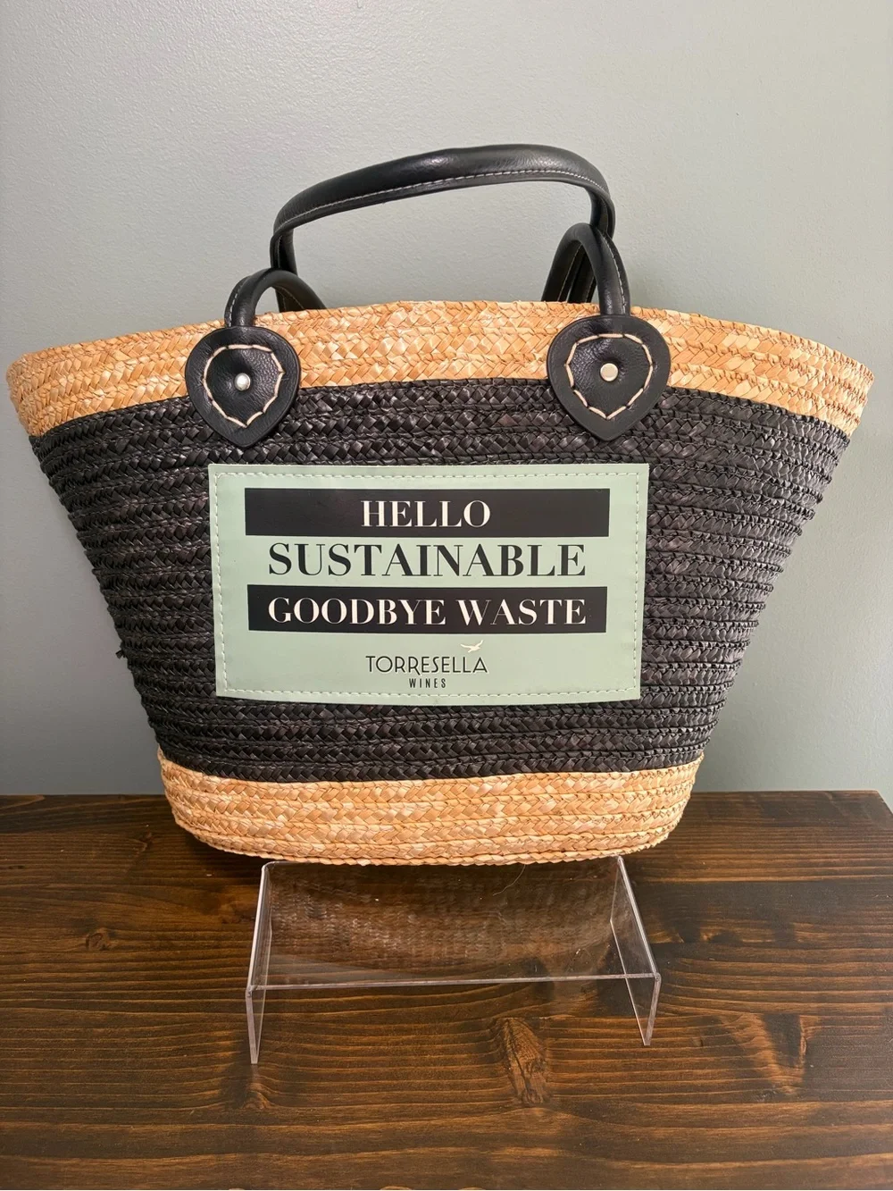 Torresella Wines Woven Raffia/Straw Promotional Beach Tote Bag - Black & Natural