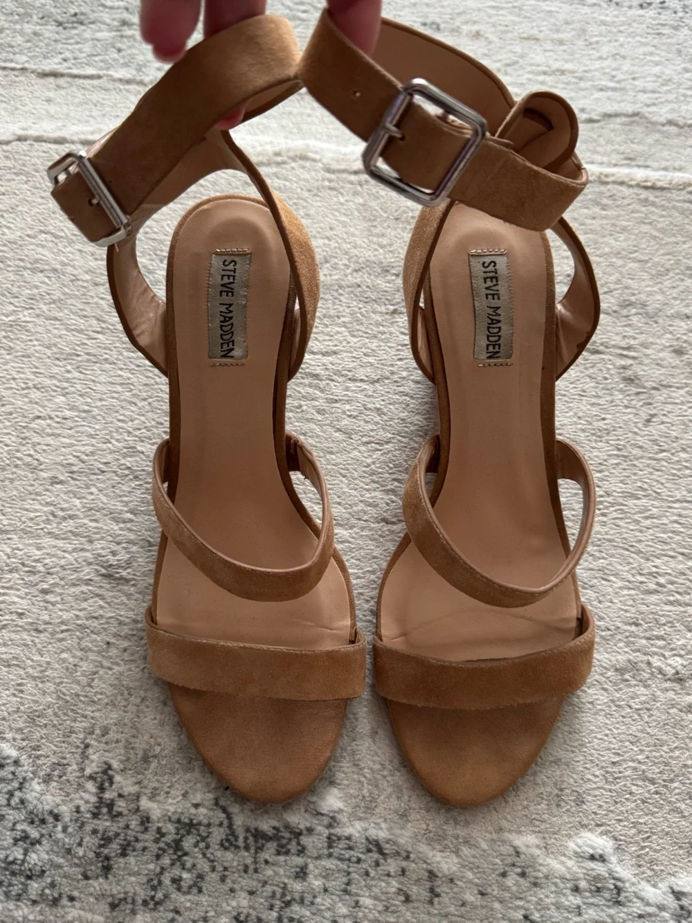 Steve Madden Caley leather suede caramel tan strappy wedge sandals