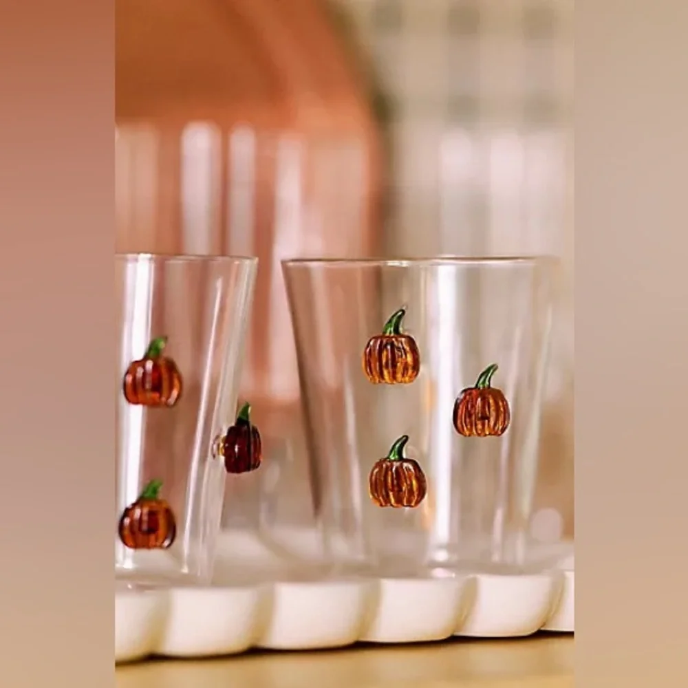 New Set of 2 Anthropologie Halloween 3D Pumpkin Icon Juice Glass Mugs Cups