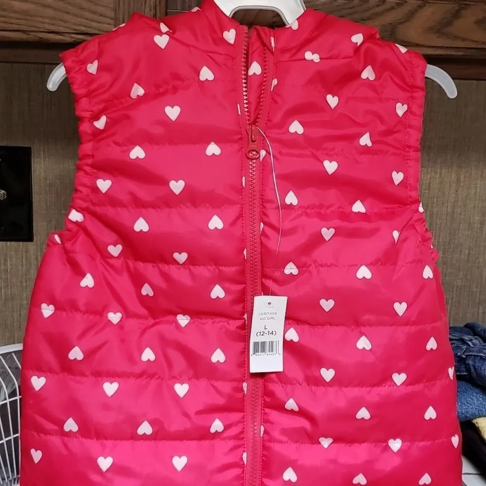 Girls Pink Lightweight Hooded Vest w/ White Hearts Sz L (12-14)