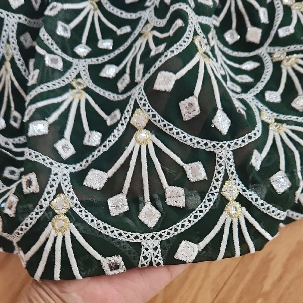 Dark Green and White Three-Piece Lehanga Choli For Girls 2-3 Yrs Short Sleeves