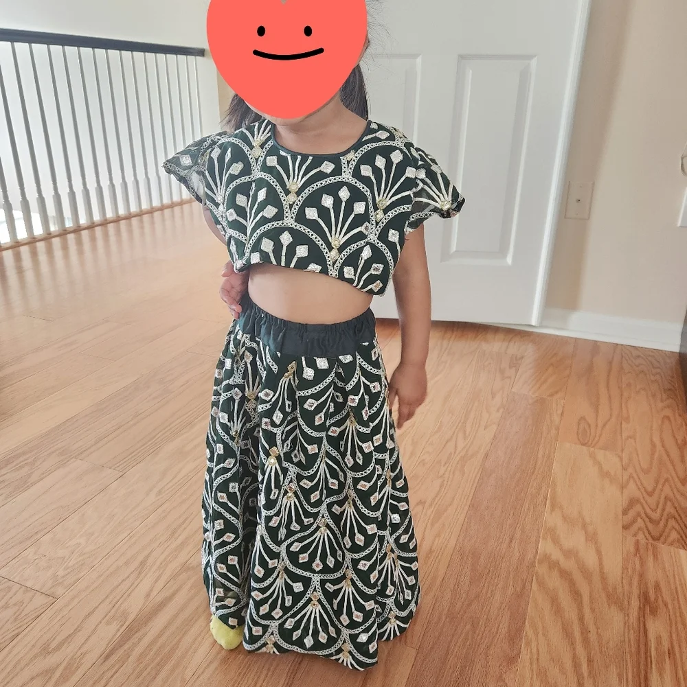 Dark Green and White Three-Piece Lehanga Choli For Girls 2-3 Yrs Short Sleeves