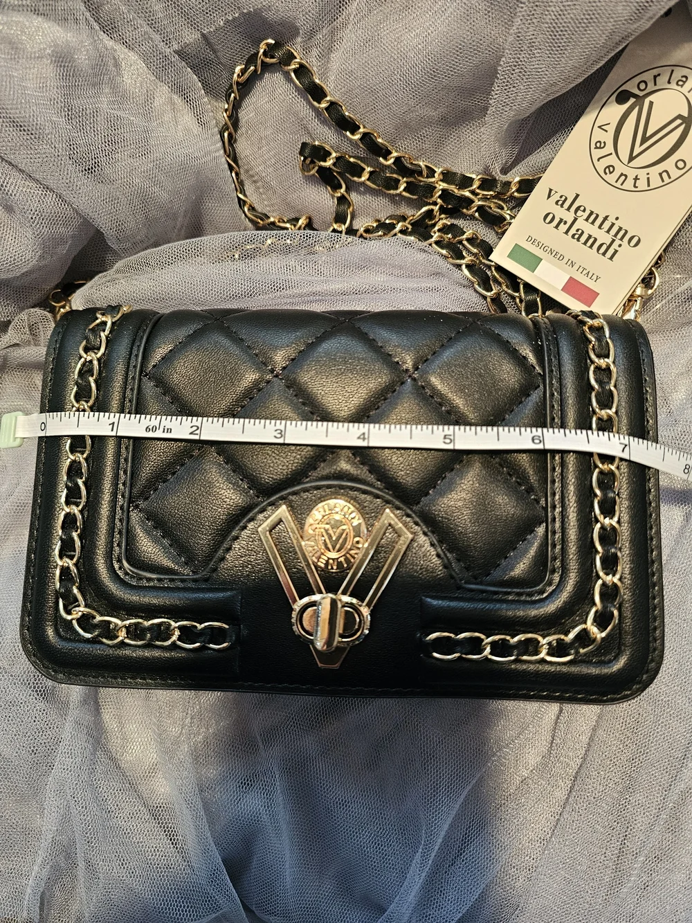 Valentino Orlandi Black Quilted Crossbody with Gold Chain Strap