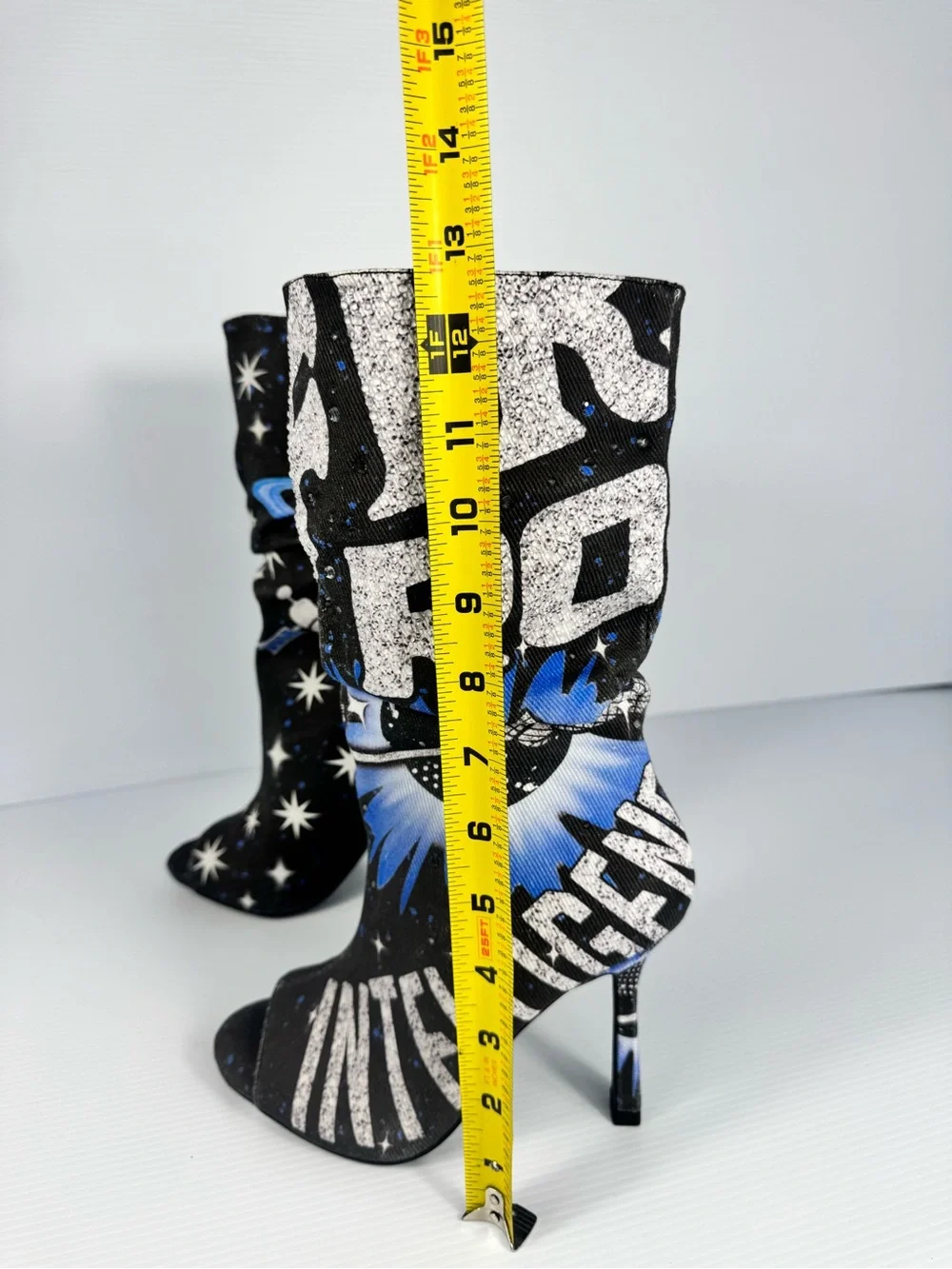 NEW AKIRA Black Multi Galaxy Space Peep Toe Slouch Stiletto Booties