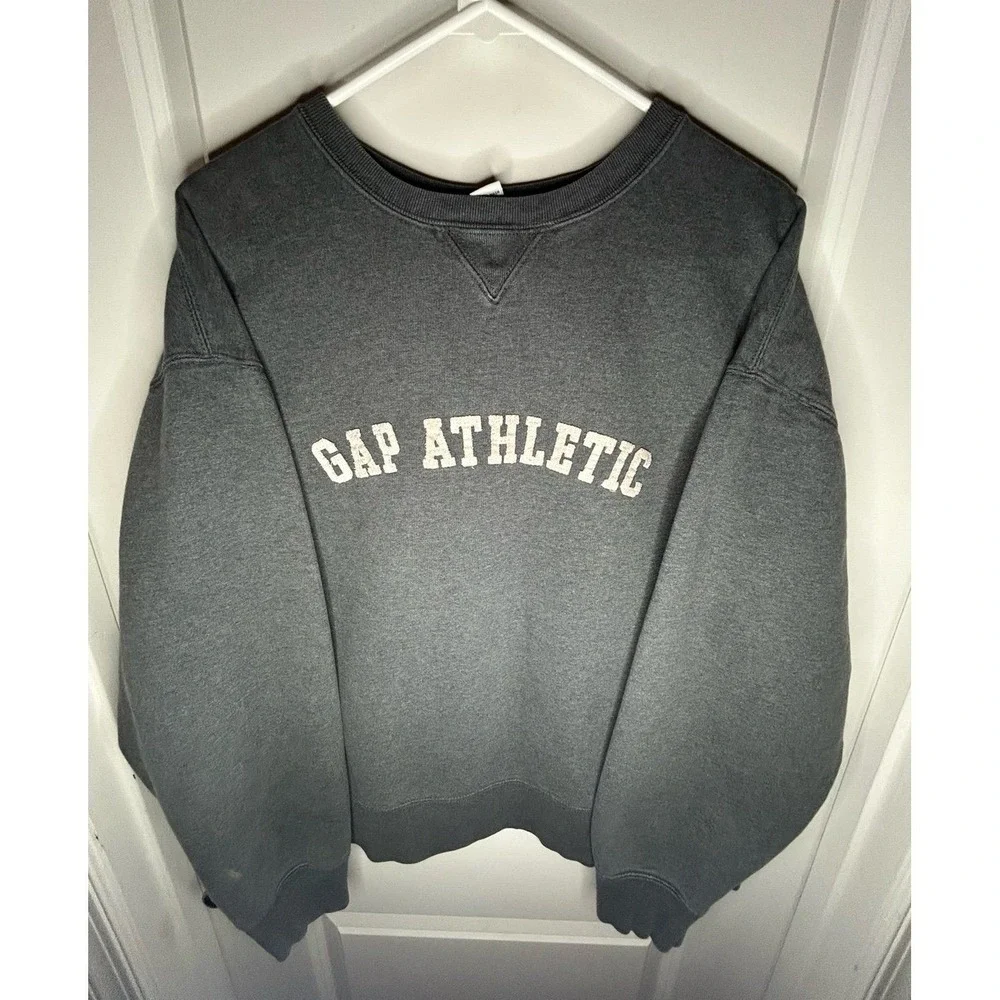 Vintage 90's Gap Athletic Embroidery Spell Out‎ Grey Crewneck Sweatshirt Mens XL