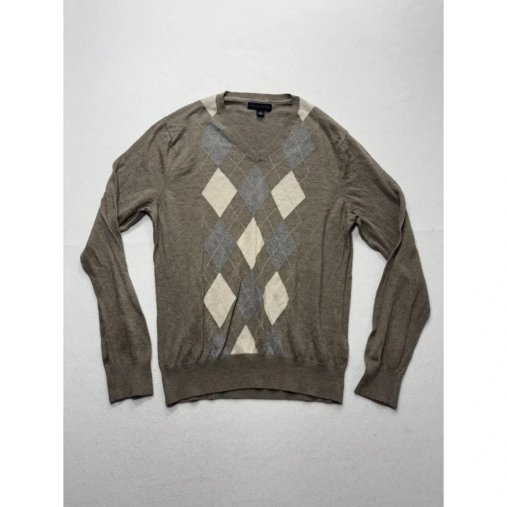 Banana Republic Sweater Mens Medium Brown Argyle V Neck Silk Blend Knit Pullover