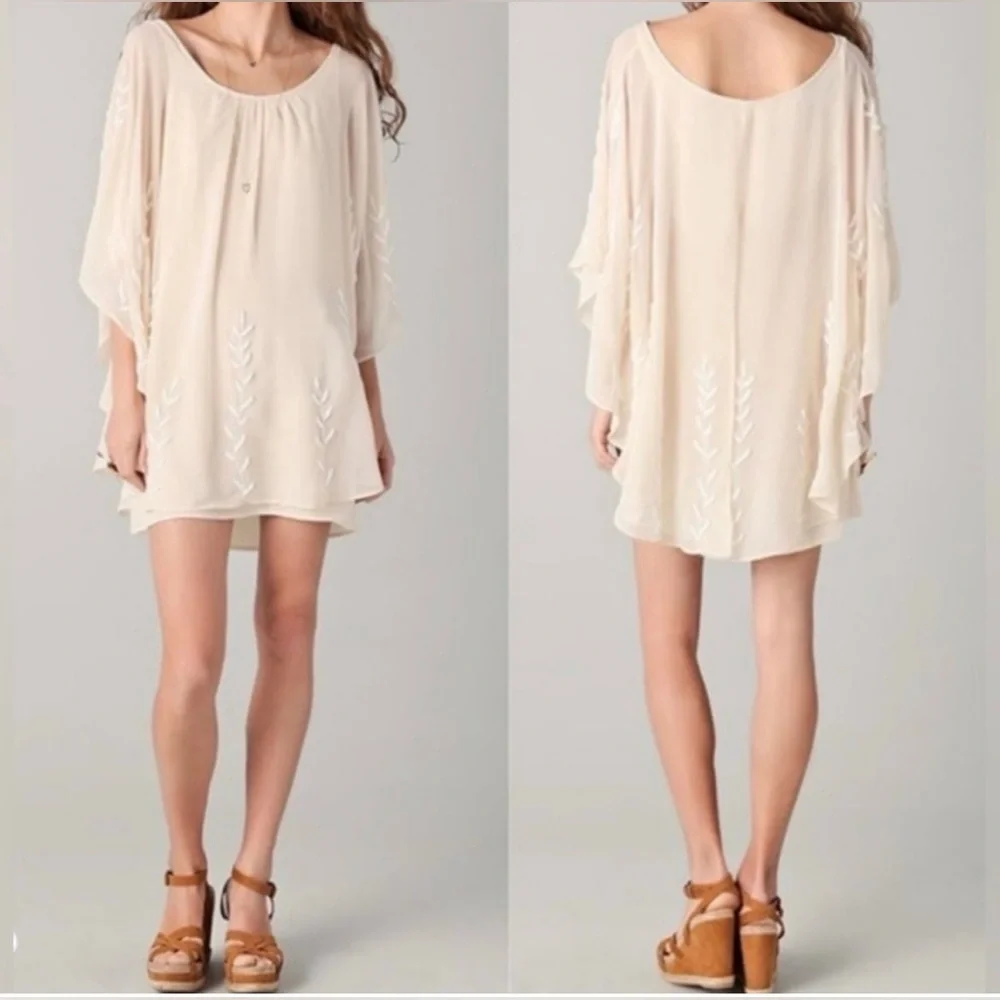 Free People Pointed Cape Mini Dress Cream Beaded Size Small Polyester New Preppy