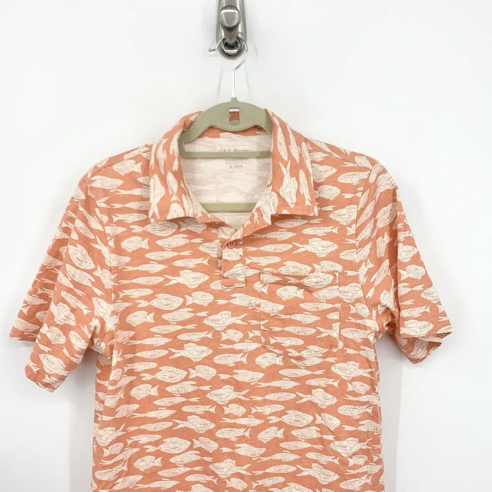 LL Bean Men‎ Size Small Shirt Short Sleeve Polo Organic Cotton Fish Orange Top