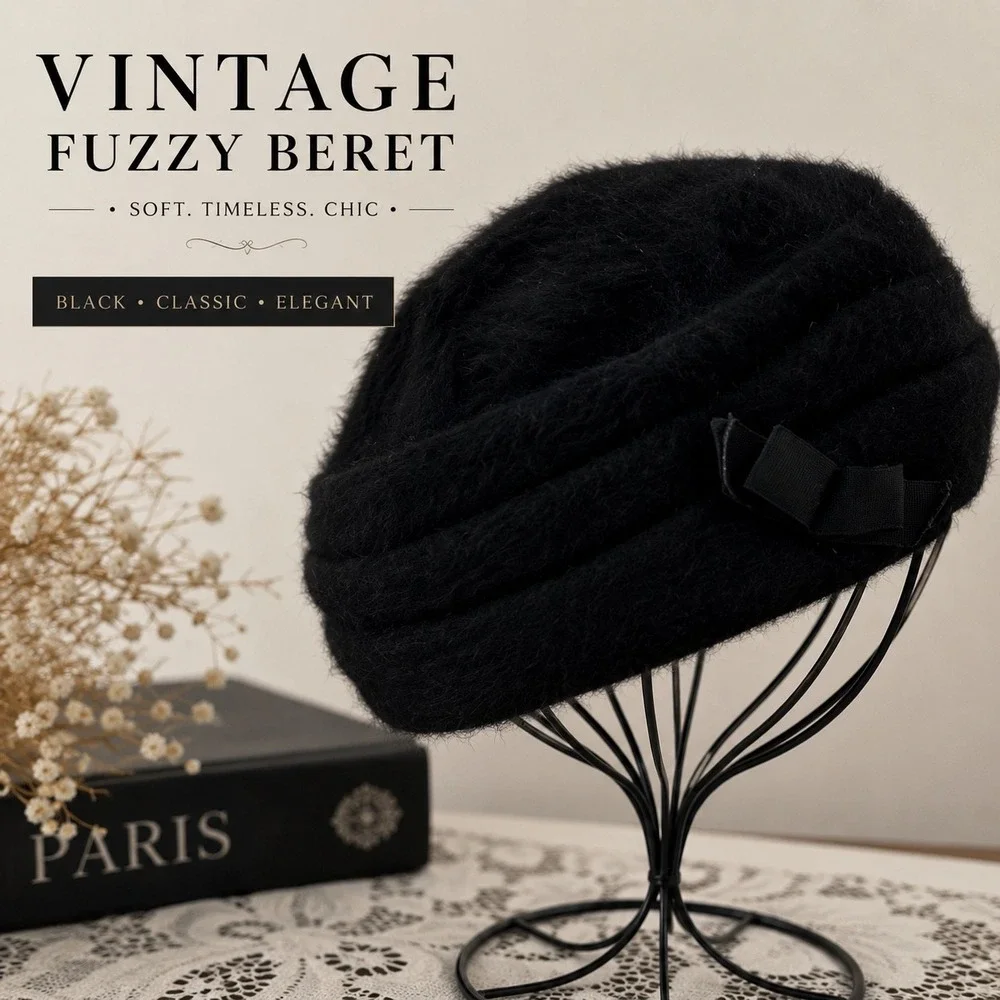 Vintage Black Fuzzy Beret Hat Bow Soft‎ Glam Winter Parisian Style Pillbox