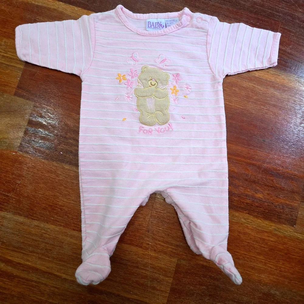 Vintage Baby Beginnings Pink‎ Striped Teddy Bear Footed Sleeper Preemie  Y2K