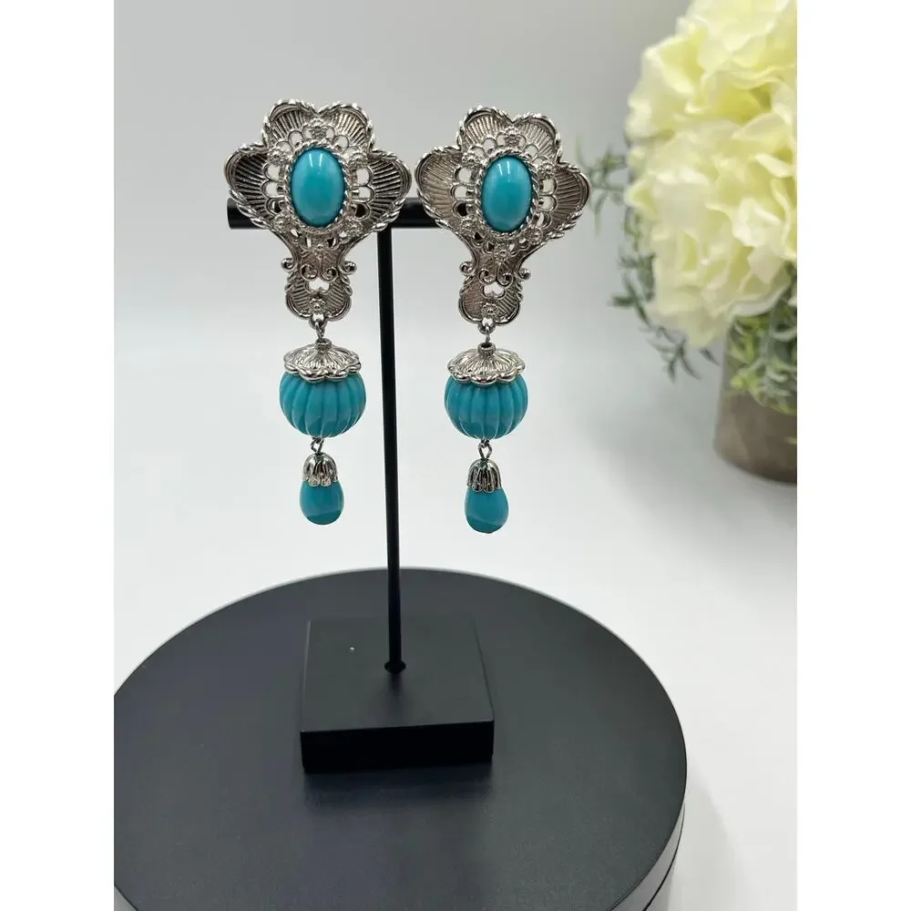 Jose Maria Barrera For Avon Signed Faux Turquoise Etruscan Revival Clip Earrings