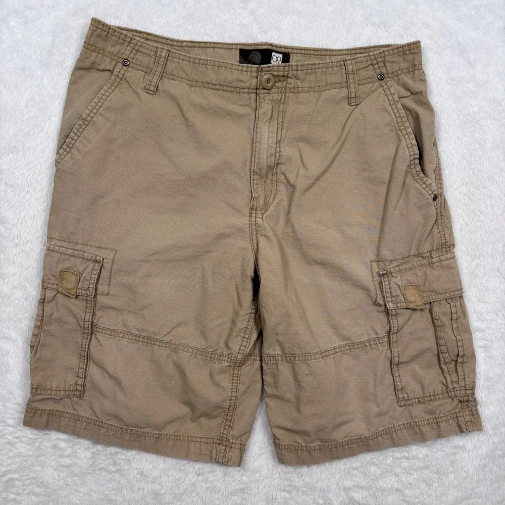 Y2K OP Cargo Shorts Mens‎ 34 Sand Khaki Ripstop Cotton Multi Pocket Street Surf