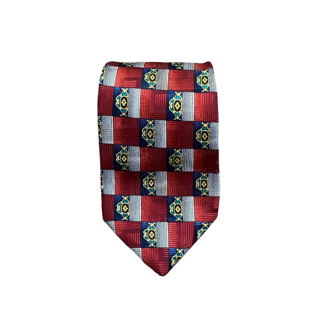 Robert Talbott Studio Mens Tie‎ Red Silver Blue Check Pattern 100% Silk 59