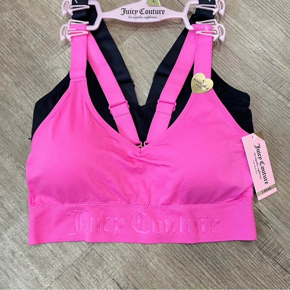 NEW Juicy Couture 2 Pack Sports Bra Hot‎ Pink Black Logo Underband Small
