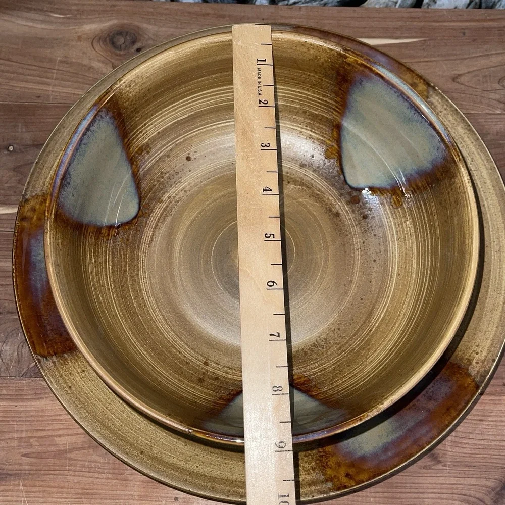 SET OF 2 SANGO SPLASH 4951 BROWN TAN DRIP GLAZED STONEWARE Plate & Bowl