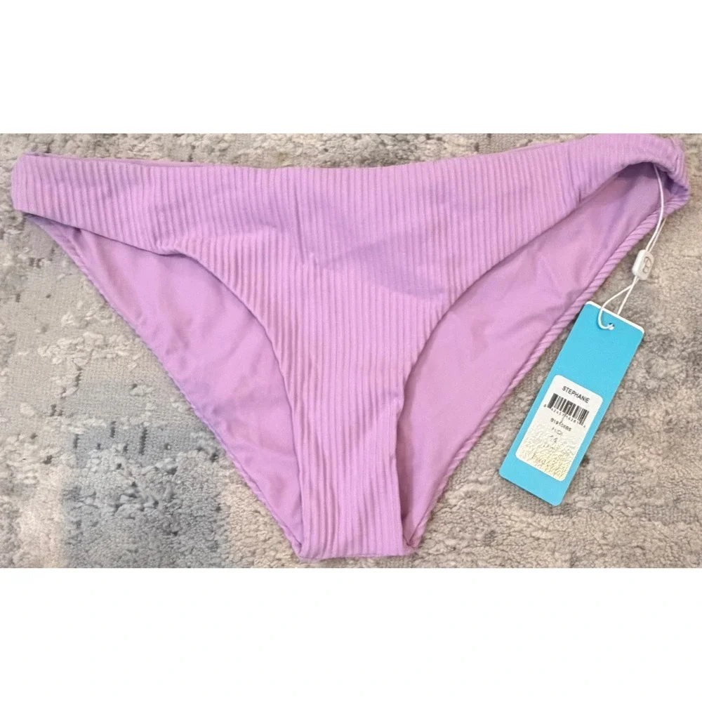 Beach Bunny Stephanie Bikini Bottom Lavender Ribbed Midi Swimwear Size 14