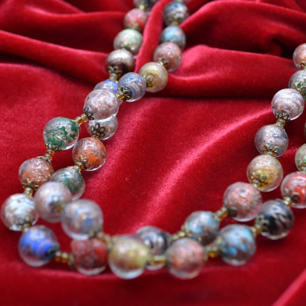 Vintage Murano Glass Bead Necklace Venetian Foil Aventurine Multi‎ Color