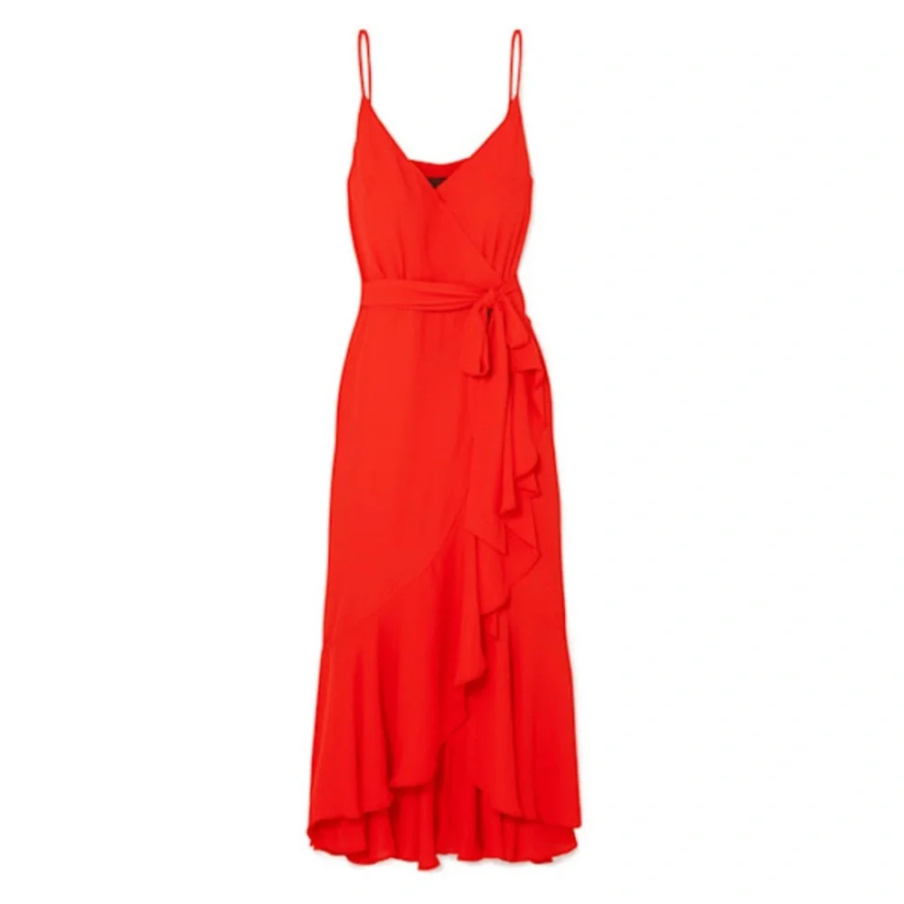 J.‎ Crew wrap ruffled crepe de chine midi dress red coral spaghetti strap size 8