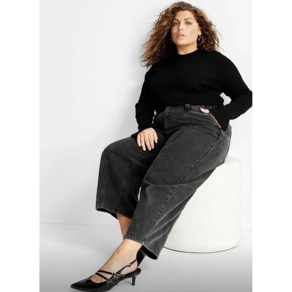 Future Collective Womens Barrel Leg‎ Jeans Black Wash High-rise Wide Leg Size 26