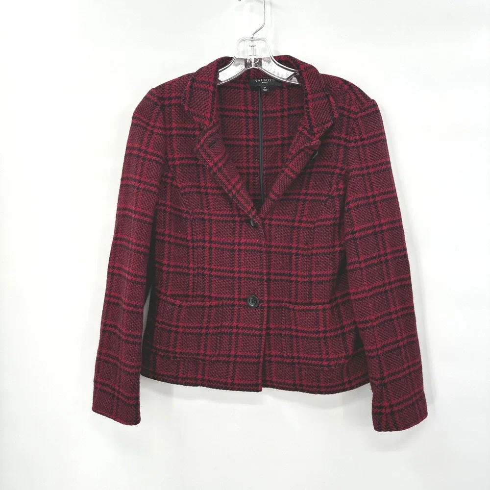 Talbots Petites Red Black Plaid Wool‎ Blend Blazer Jacket Size 2P