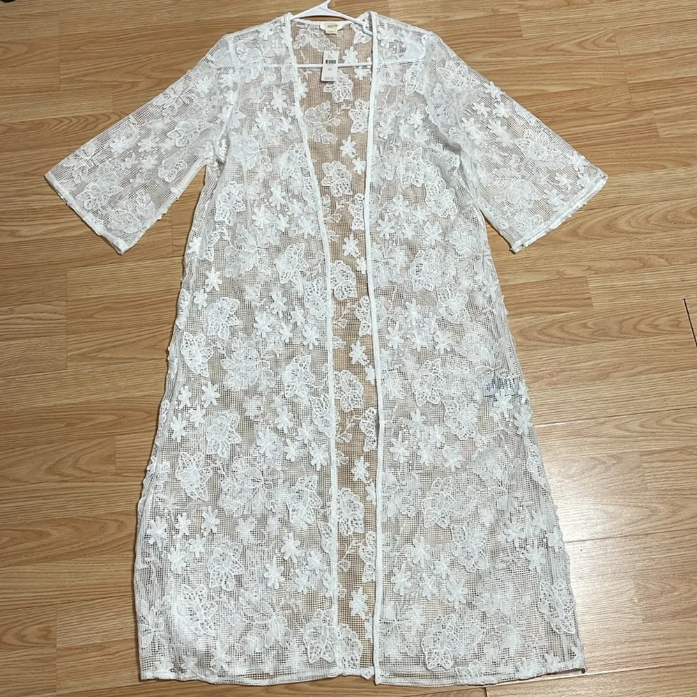 Anthropologie White Floral Lace Open-Front Swim Coverup