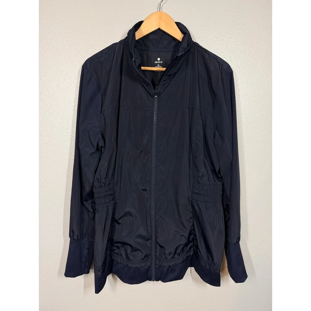 Apana Windbreaker Jacket Women XL Navy Blue Cinched‎ Waist Travel Classic