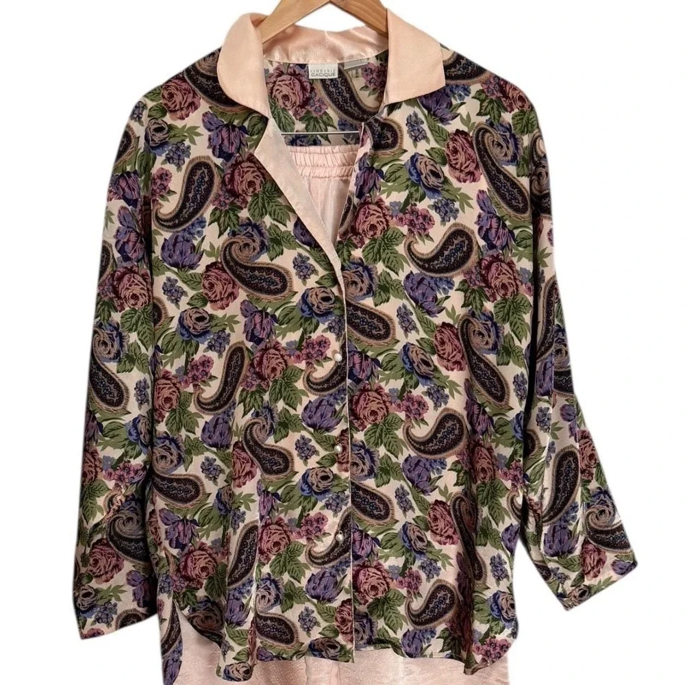 Cacique Vintage‎ Pajama Set Womens Small Pink Satin Floral Paisley Pearl Button