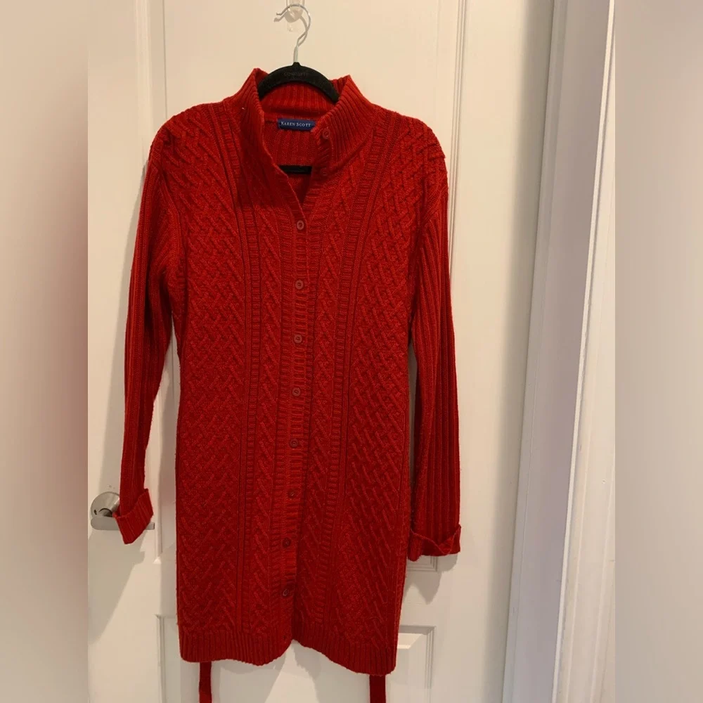 Karen Scott Size Small Red Cable Knit Long Button Down Tie Sweater Valentines